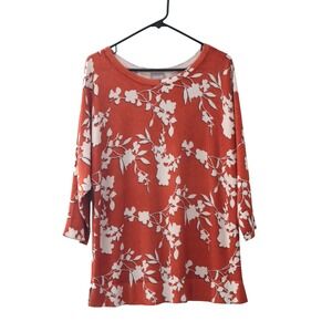 Chico's Women Floral Orange Autumn Long Sleeve Shirt‎ Sz 2 Office Flower Top